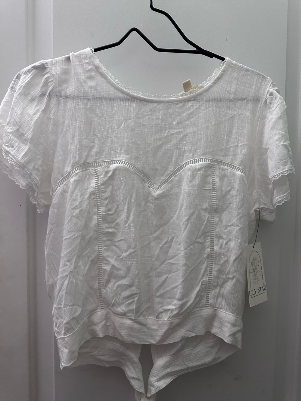Lily Star White Short-Sleeve Lace-Inset Peasant Top